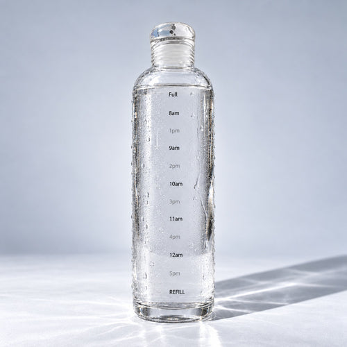 The Clear Bottle glass water bottle with hourly markings and cold condensation
