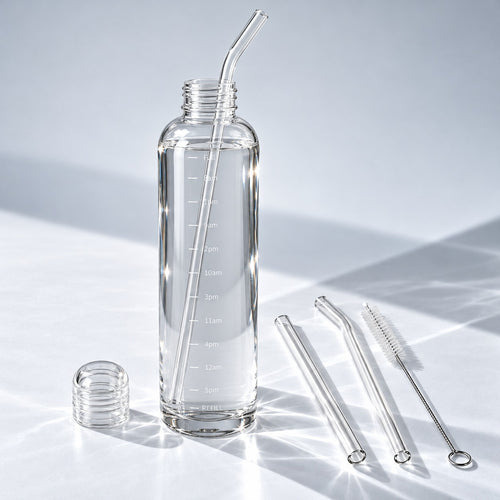 Glass straw in The Clear Bottle with spare straws and a cleaning brush
