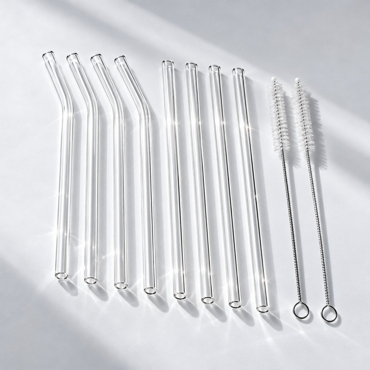 Nivosa Glass Straw Set: 4 bent and 4 straight glass straws with 2 cleaning brushes