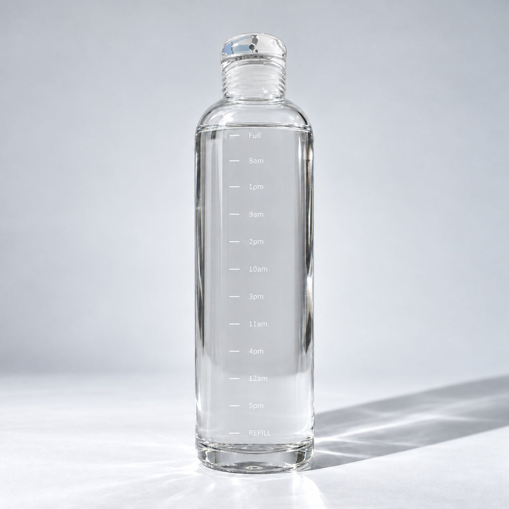 Nivosa Clear Bottle, 500 ml glass water bottle with white hourly time markers, on a light studio background
