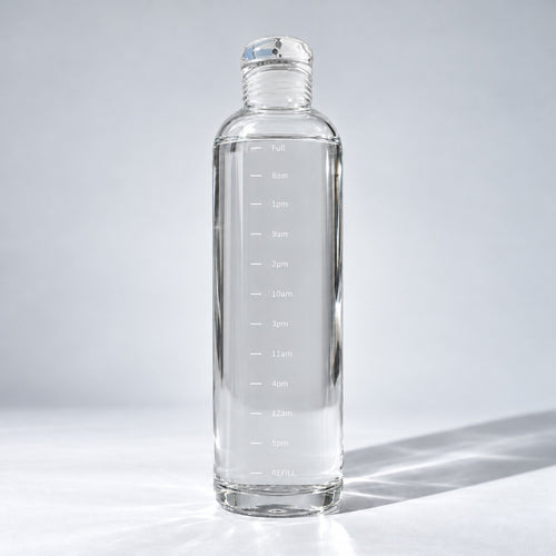 Nivosa Clear Bottle, 500 ml glass water bottle with white hourly time markers, on a light studio background