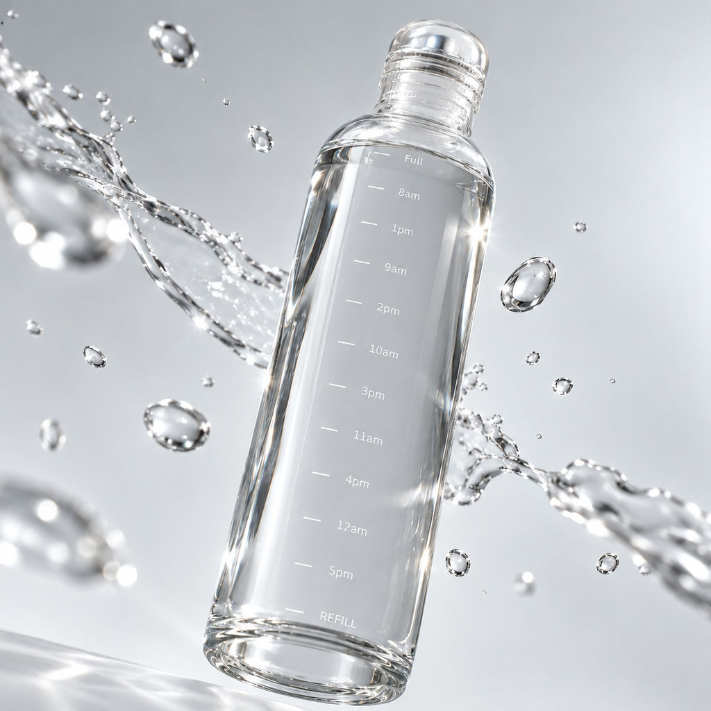 Low angle view of the Nivosa glass bottle with floating water