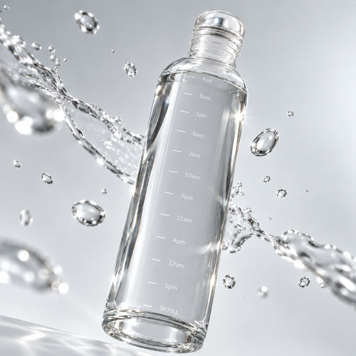 Low angle view of the Nivosa glass bottle with floating water